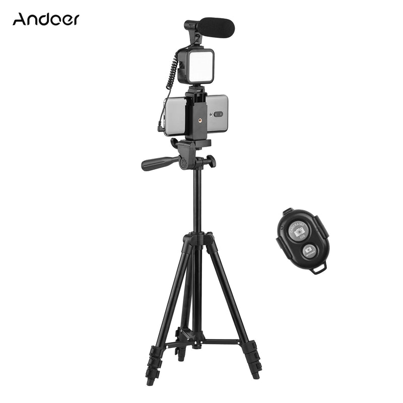 Andoer KIT-05LM Tripé Smartphone Vlog Kit de vídeo com suporte para telefone Microfone LED Luz de vídeo Obturador remoto para câmera de telefone